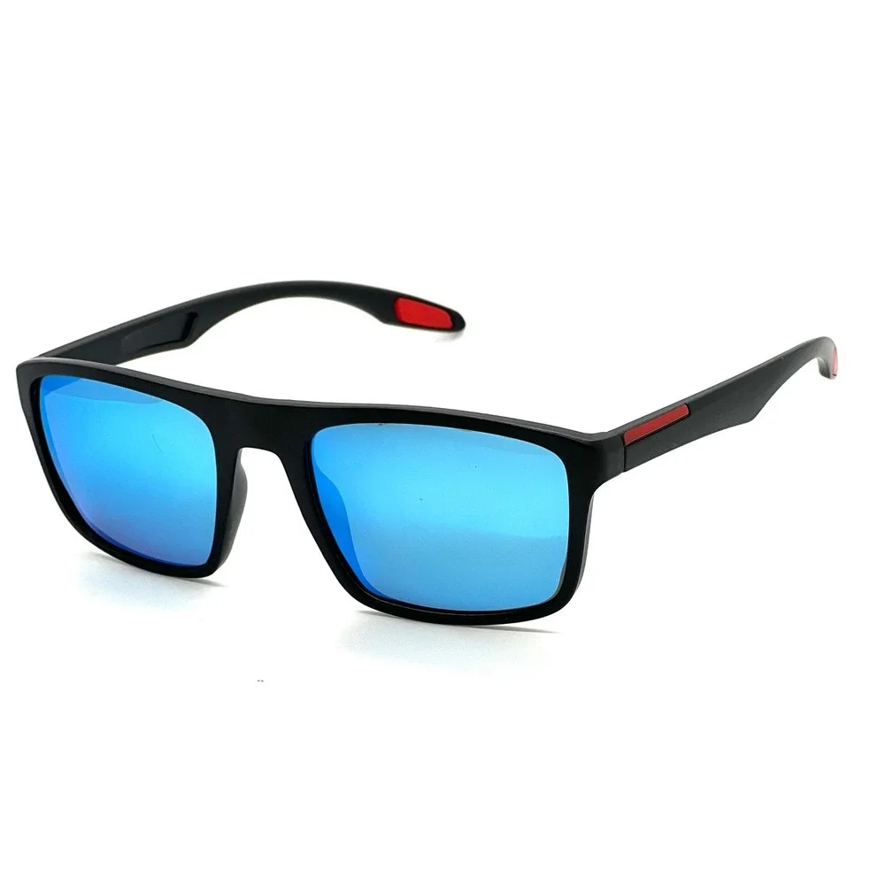 Mens Square Sunglasses Black Frame Blue Mirrored Lens Accents Outdoor Work Gafas